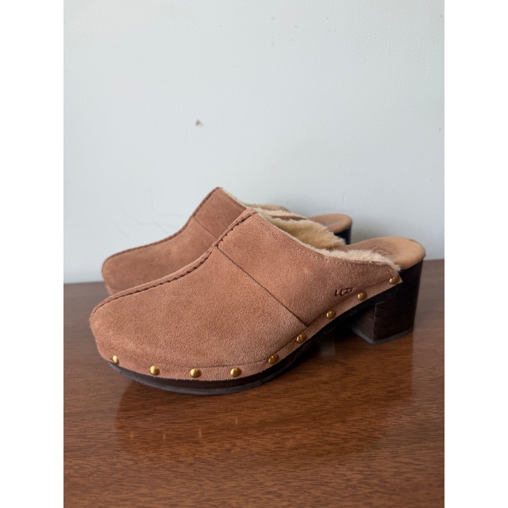 Ugg 7 Womens Chestnut Suede Leather Sherpa Lined Studded Slip On Mule Clog